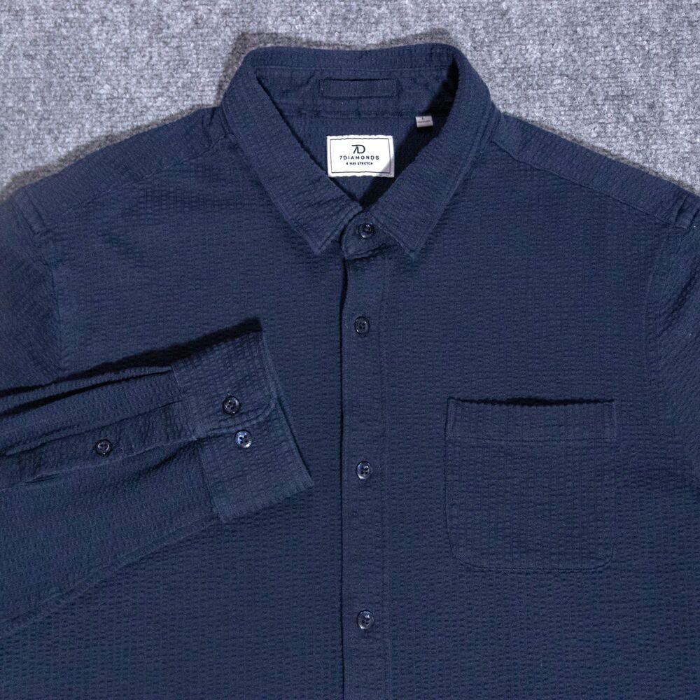 7 Diamonds Graham 4 Way Stretch Textured Navy Long Sleeve Button Shirt Men Large